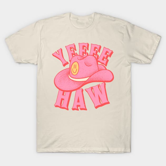Yeehaw | Pink Cowboy hat with Yellow Smiley Face Cowgirl YEE HAW T-Shirt by anycolordesigns